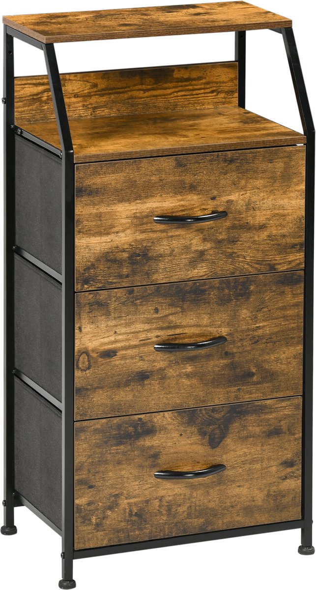 pbergkast in industriële stijl, commode met 3 afneembare stoffen laden en 2 legplanken, 44 x 29 x 92 cm, hout en metaal