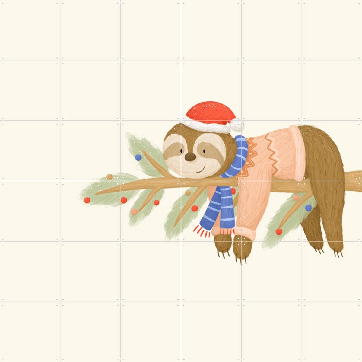 IXXI Christmas Sloth, Studio Phie - 120 x 120 cm - Gratis ophangtool - Grote wanddecoratie en posters - Fantasierijk, Illustraties, Cartoonesk