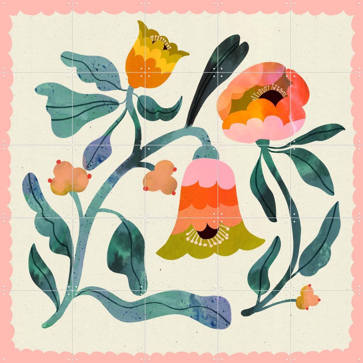 IXXI Pastel Peach Flower, Lena Addink - 100 x 100 cm - Gratis ophangtool - Grote wanddecoratie en posters - Illustraties, Speels, Modern, Gang