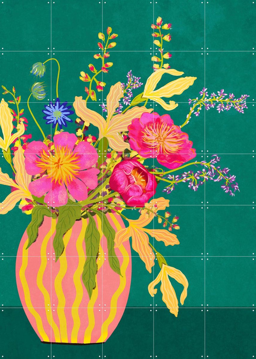 IXXI Bouquet With Peonies, Raissa Oltmanns - 100 x 140 cm - Gratis ophangtool - Grote wanddecoratie en posters - Cartoonesk, Illustraties, Retro