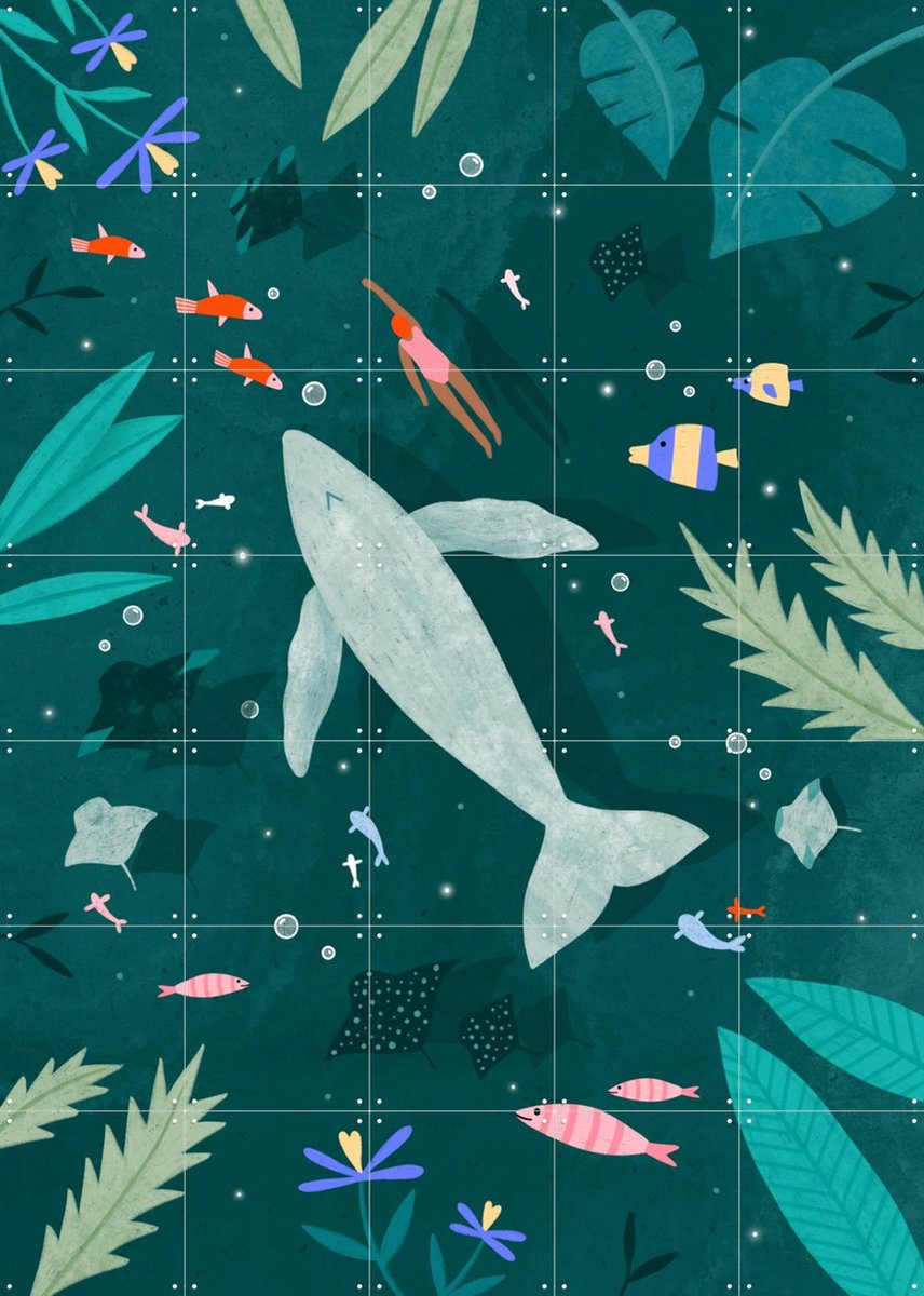 IXXI Swimming With A Whale, Bea Müller & Various - 100 x 140 cm - Gratis ophangtool - Grote wanddecoratie en posters - Speels, Surrealisme