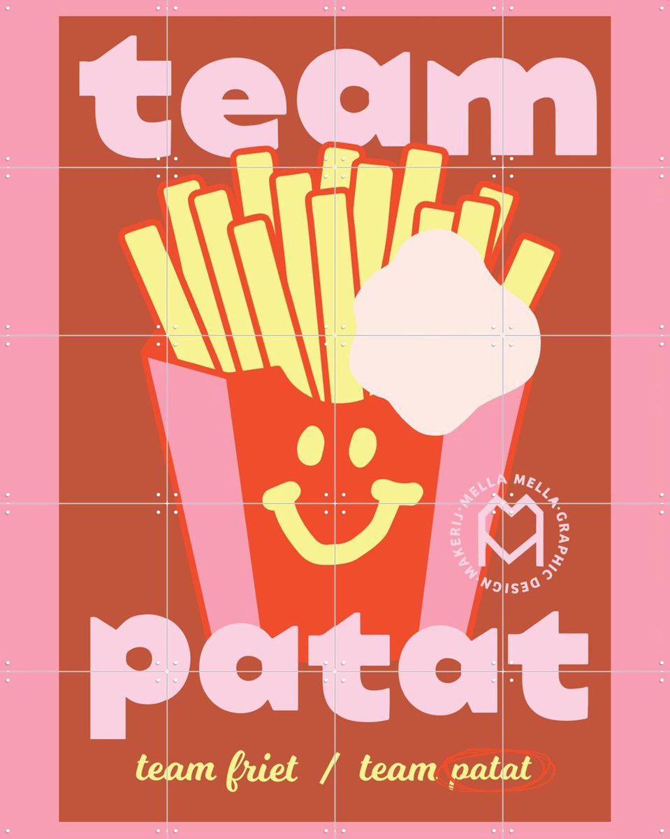 IXXI Team Patat, Mella Mella - 80 x 100 cm - Gratis ophangtool - Grote wanddecoratie en posters - Typografie, Digitale Kunst, Cartoonesk, Retro