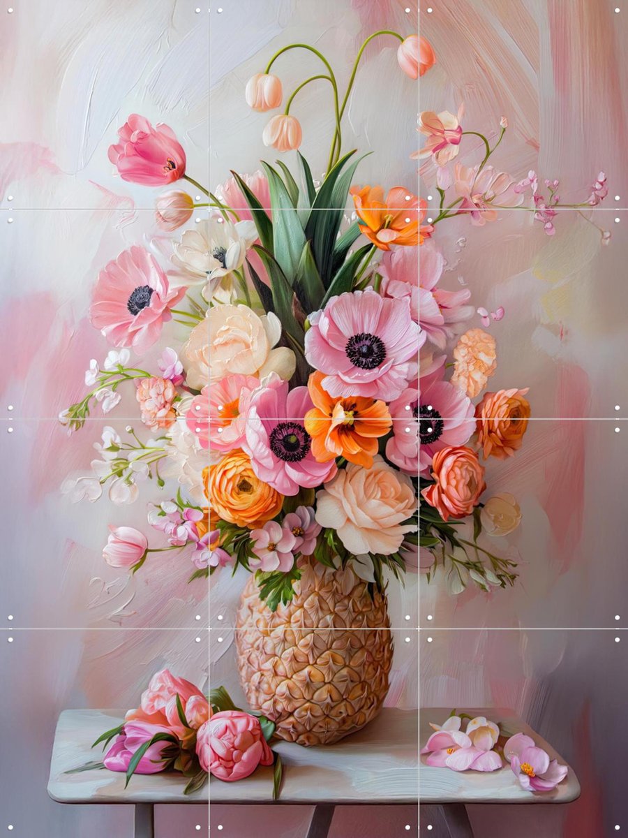 IXXI Romantic Pastel Floral Still Life Painting with Flowers in Pineapple Vase, OTTI - 60 x 80 cm - Gratis ophangtool - Grote wanddecoratie en posters