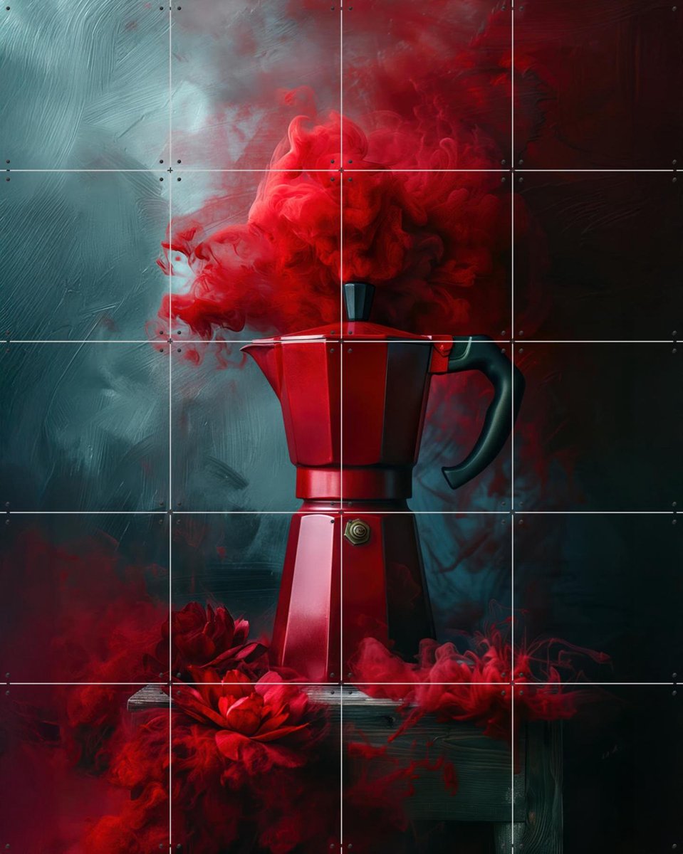 IXXI Italian Bialetti Coffee Percolator Red Smoke, OTTI - 80 x 100 cm - Gratis ophangtool - Grote wanddecoratie en posters - Modern, Digitale Kunst