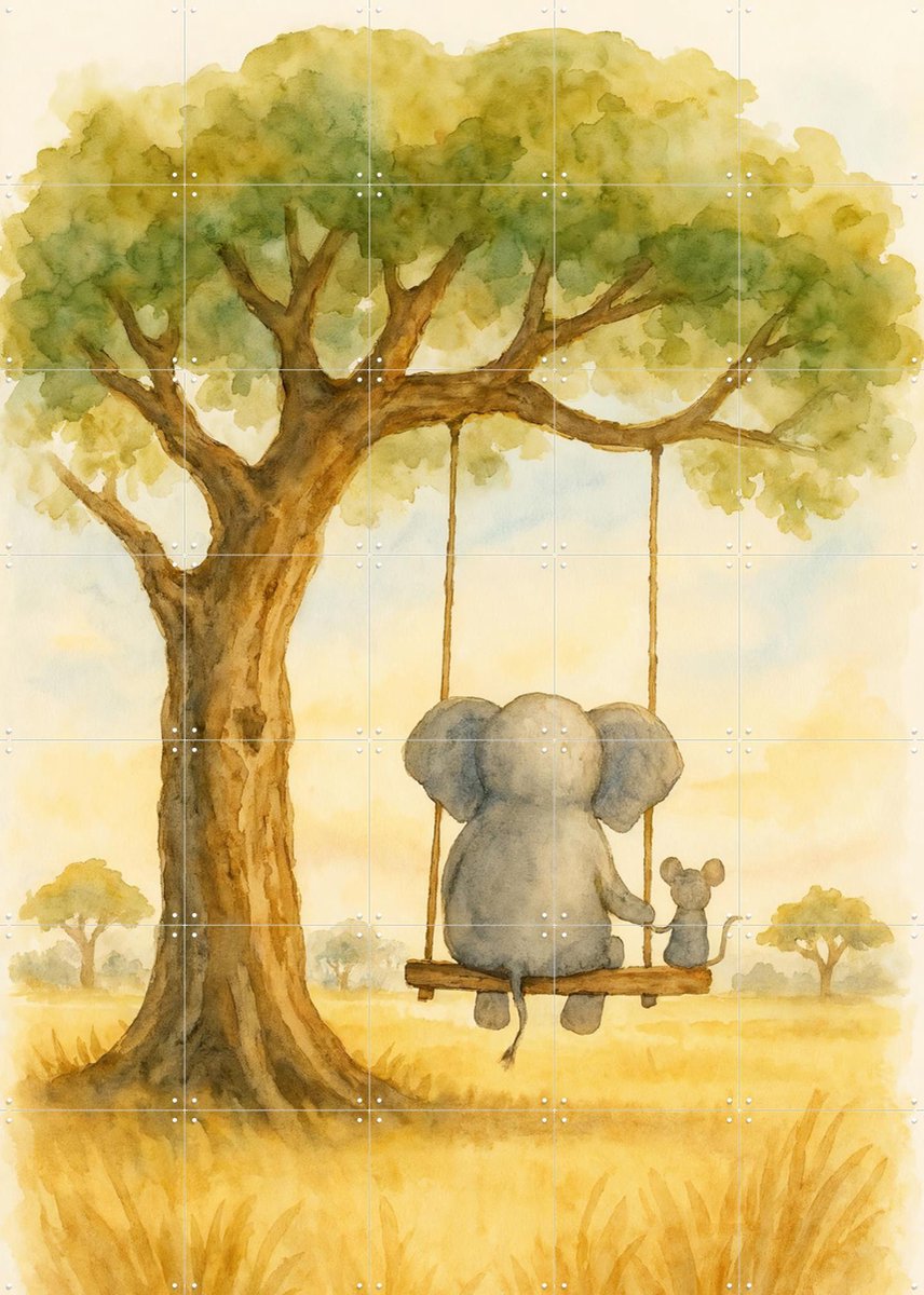 IXXI Olifant en Muis op de Schommel, Natalie Bruns - 100 x 140 cm - Gratis ophangtool - Grote wanddecoratie en posters - Fantasierijk, Speels