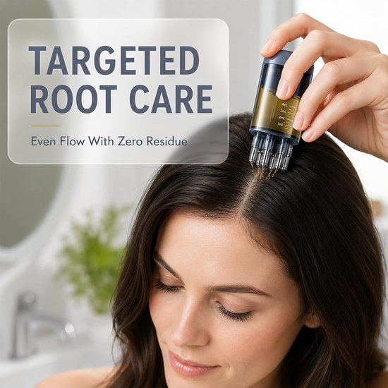 Vrouw met donker haar gebruikt een haarserumapplicator voor gerichte wortelverzorging.