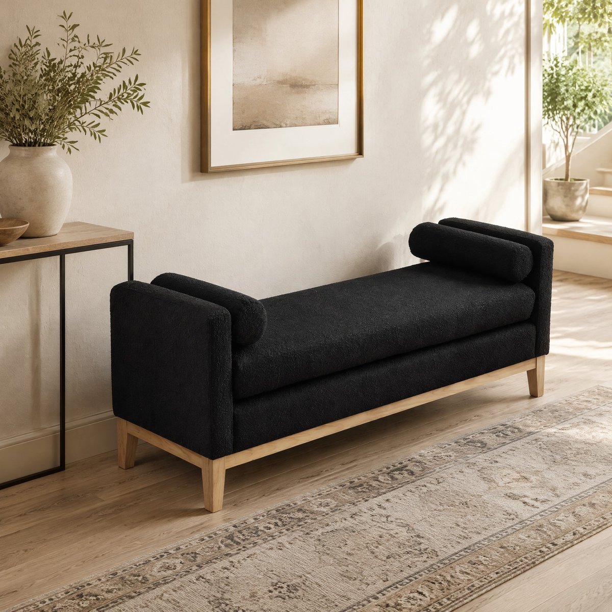REDOM - Gepolsterde bank - met 2 kussens - houten poten - Scandinavische stijl - slaapkamer, woonkamer en hal - stof - zwart - 149 x 50 x 63,5 cm
