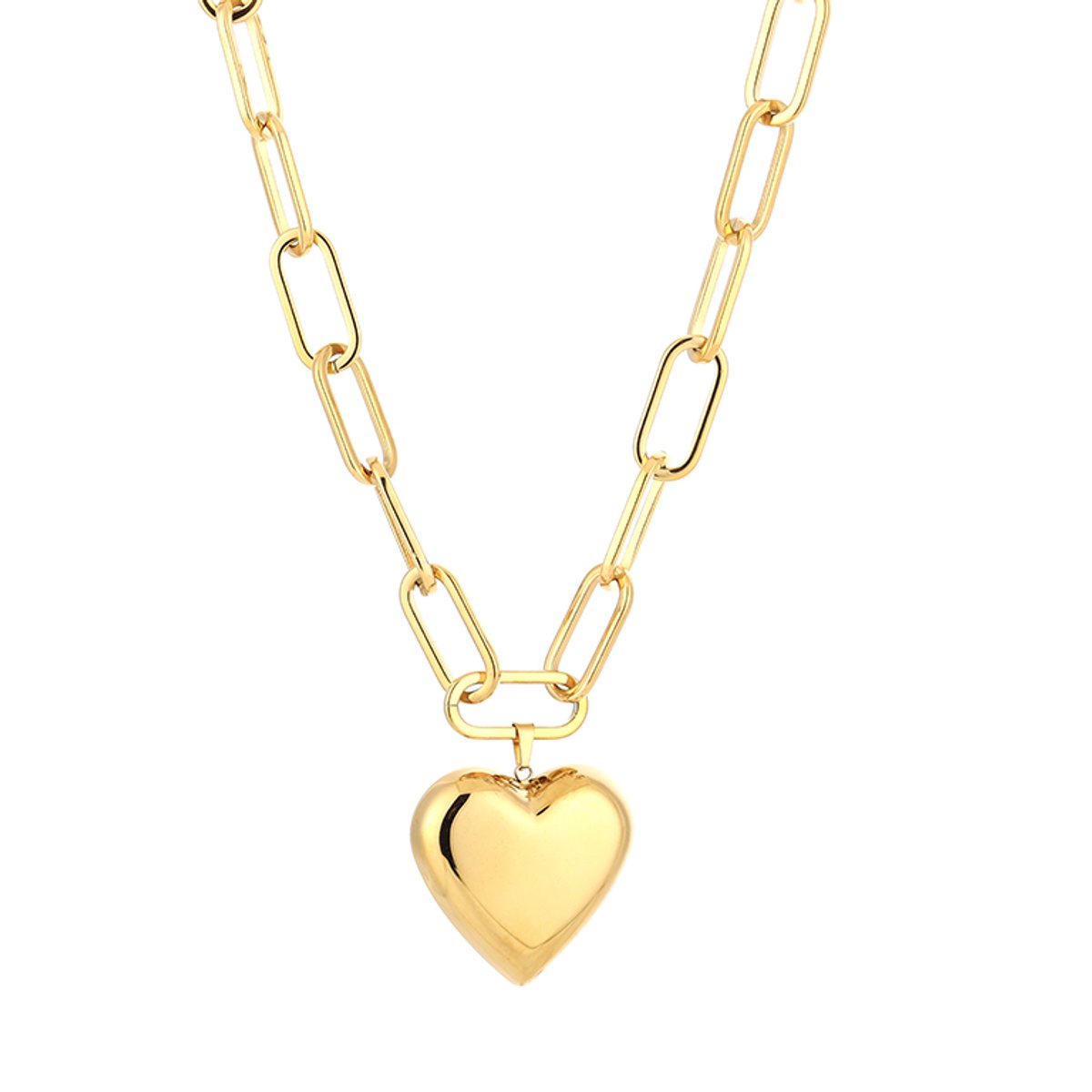 Hart Hanger Paperclip Schakelketting – Luxe Schakel Ketting met Hart – RVS - Goud