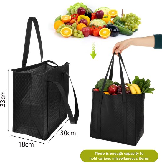 2 stuks - Geïsoleerde boodschappentas - Geïsoleerde koeltas - Geïsoleerde draagtas - Geïsoleerde tas van non-woven materiaal met stippen - 30 cm x 18 cm x 33 cm - Zwart - Met ritssluiting - Geschikt voor warme en koude gerechten en voor koeling — afbeelding 2