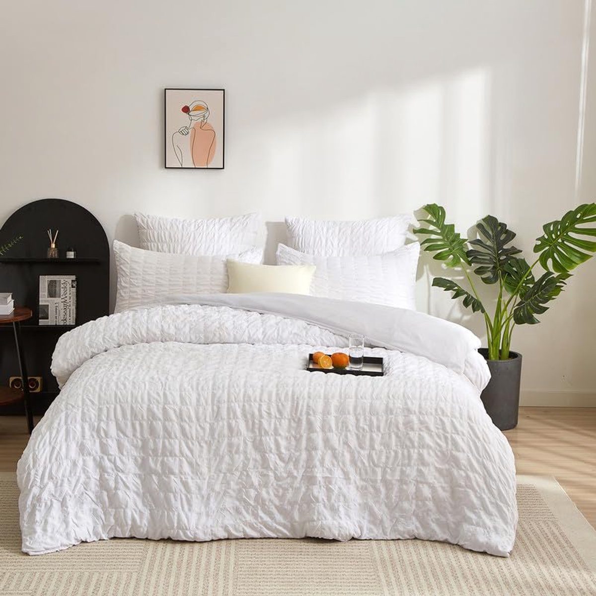 Seersucker Beddengoed, wit, 135 x 200 cm, geruit, geborsteld, zomer, ademend, microvezel, romantisch dekbedovertrek van 135 x 200 cm en 1 kussensloop van 80 x 80 cm, met ritssluiting