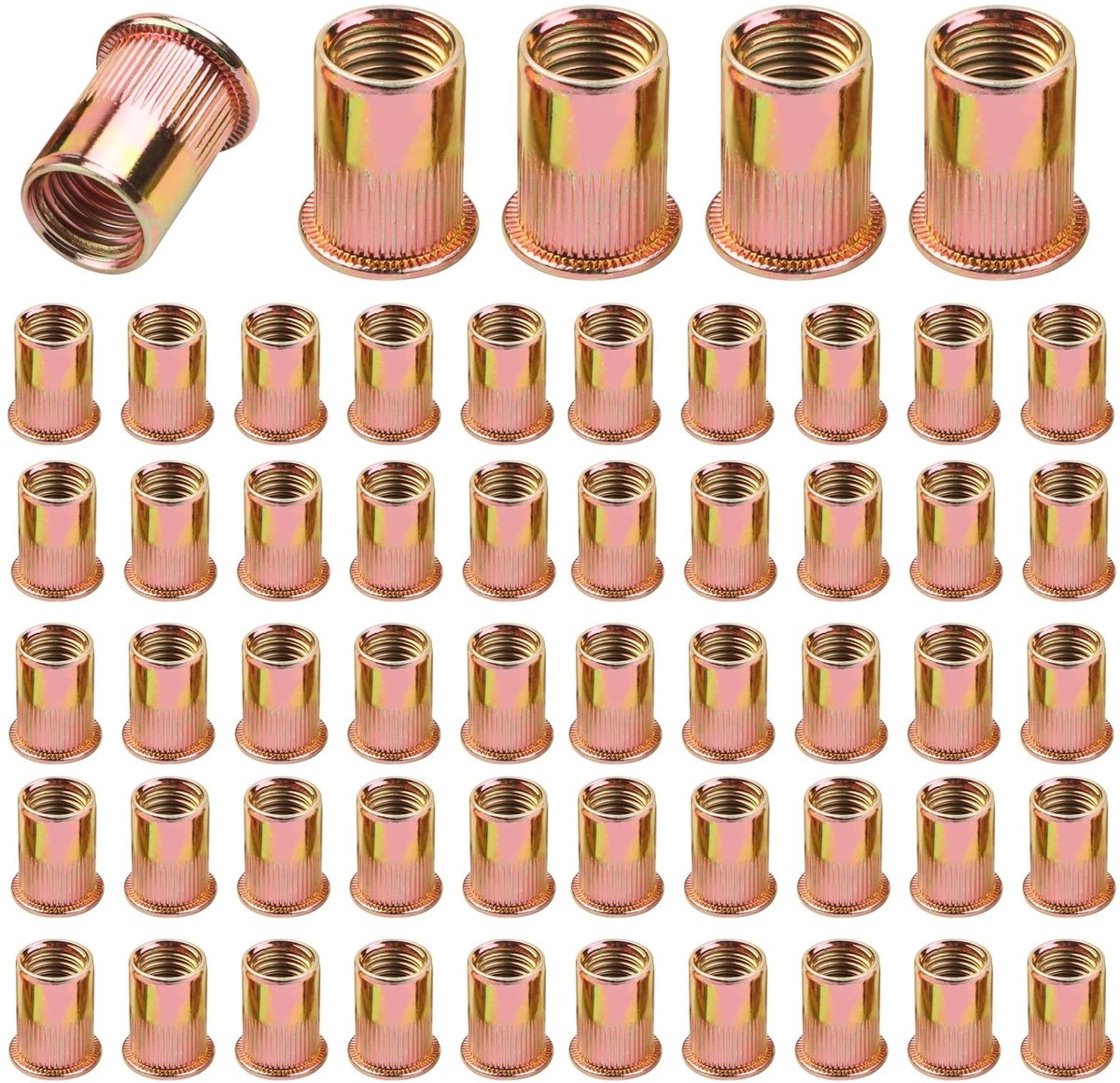 100 stuks klinknagelmoeren van koolstofstaal, klinkmoeren M6, klinknagels met platte kop, gekleurde blindklinkmoeren van zink, cilindrische verticale schroefdraadmoer, gebruikt voor metalen platen