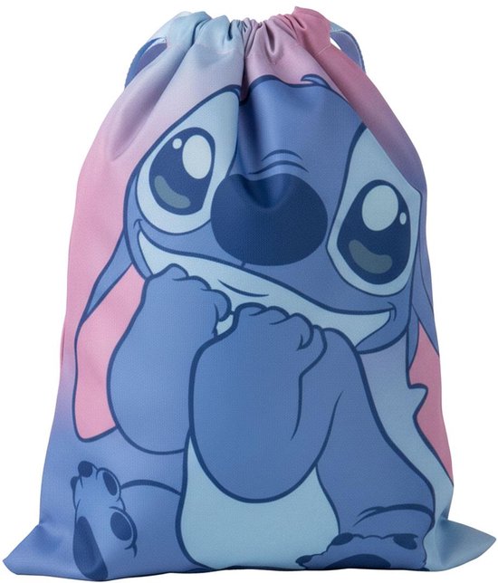 Roze en blauwe gymtas met een lachende Stitch, met trekkoord.