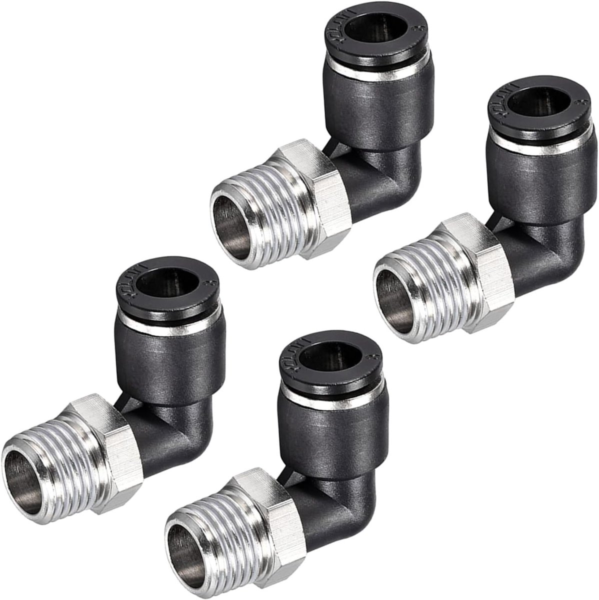 METERXITY 4 stuks 90° hoek indrukken luchtpijp beslag voor transport lucht toepassing voor industrie (8 mm buis AD 1/4 NPT schroefdraad zwart zilver toon)
