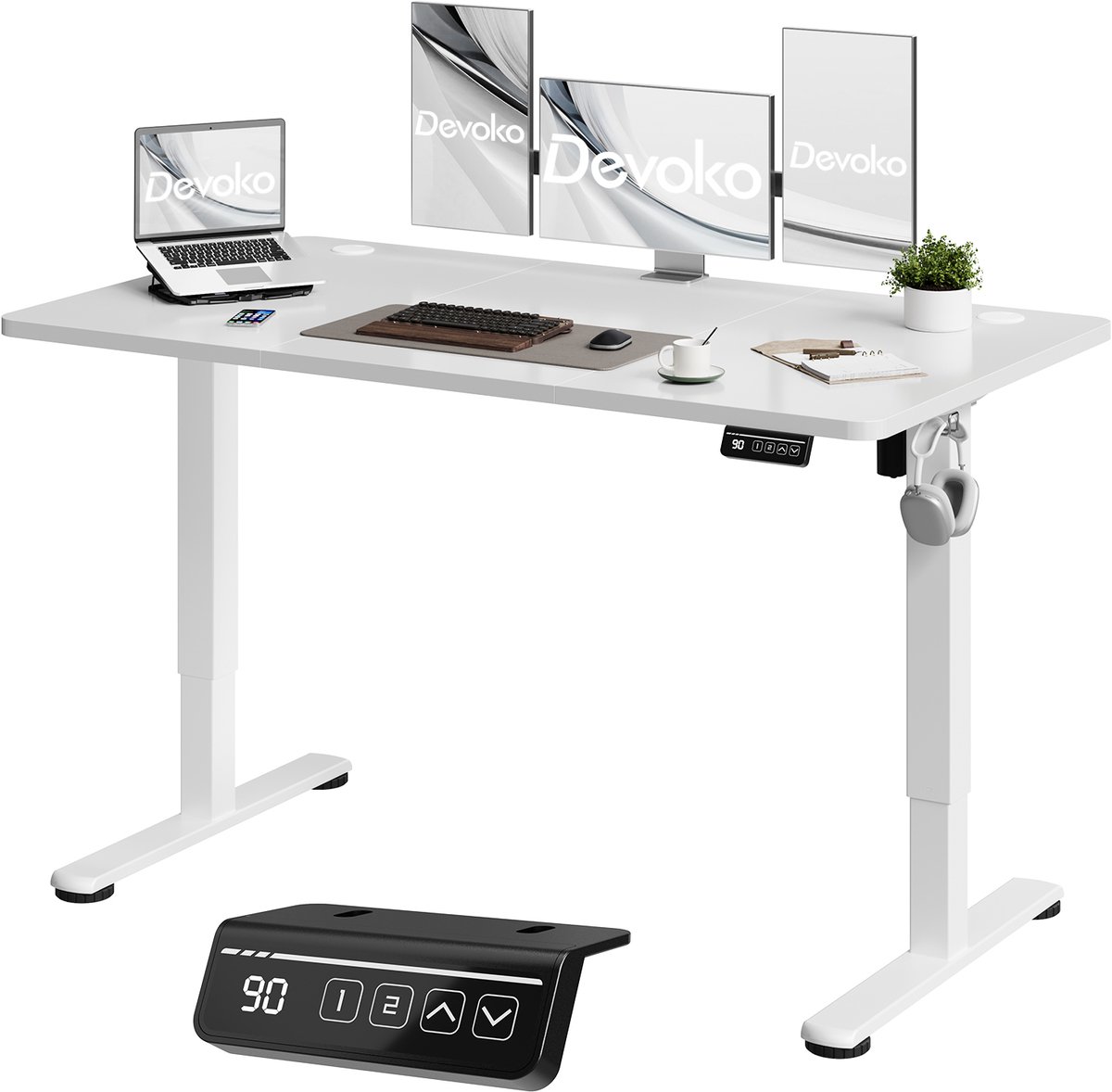 Devoko Elektrisch Zit-sta Bureau 140x60 cm – Stille Motor met Geheugenfunctie – 4 Knoppen Handbediening – Wit
