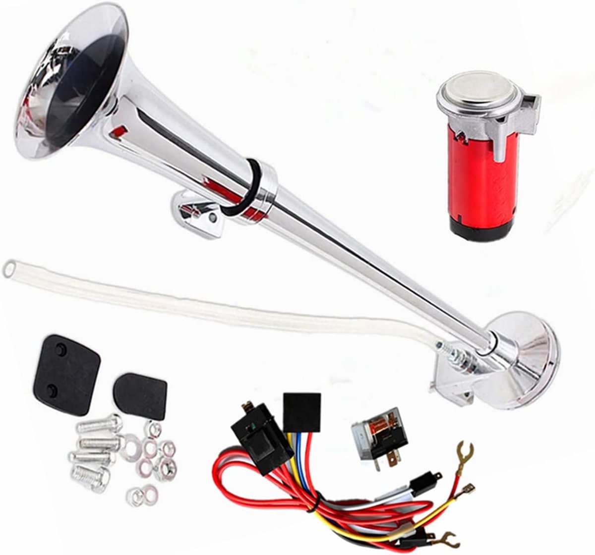 Auto luchthoorn 150 dB claxon voor boot, verchroomd, zink, 45 cm, luchthoorn voor vrachtwagens, enkele trompet, met luchtpompcompressor, rode claxon, voor 24 V wagons boot