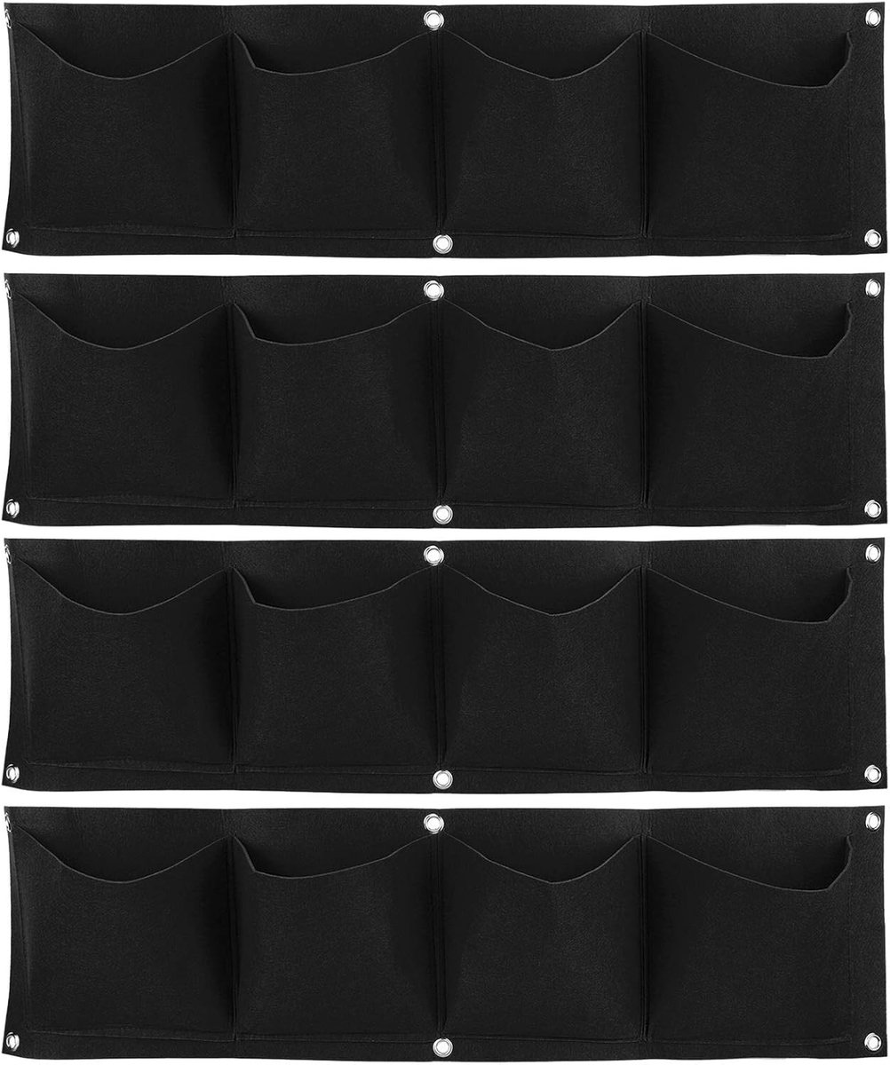 4-delige Verticale Opknoping Outdoor Muur Planter 4 Pocket Plant Grow Bag Wandmontage Herbruikbare Afbreekbare Vilt Tuin Planter Kruiden, Vetplanten Kunstplanten of Bloemen.(zwart)