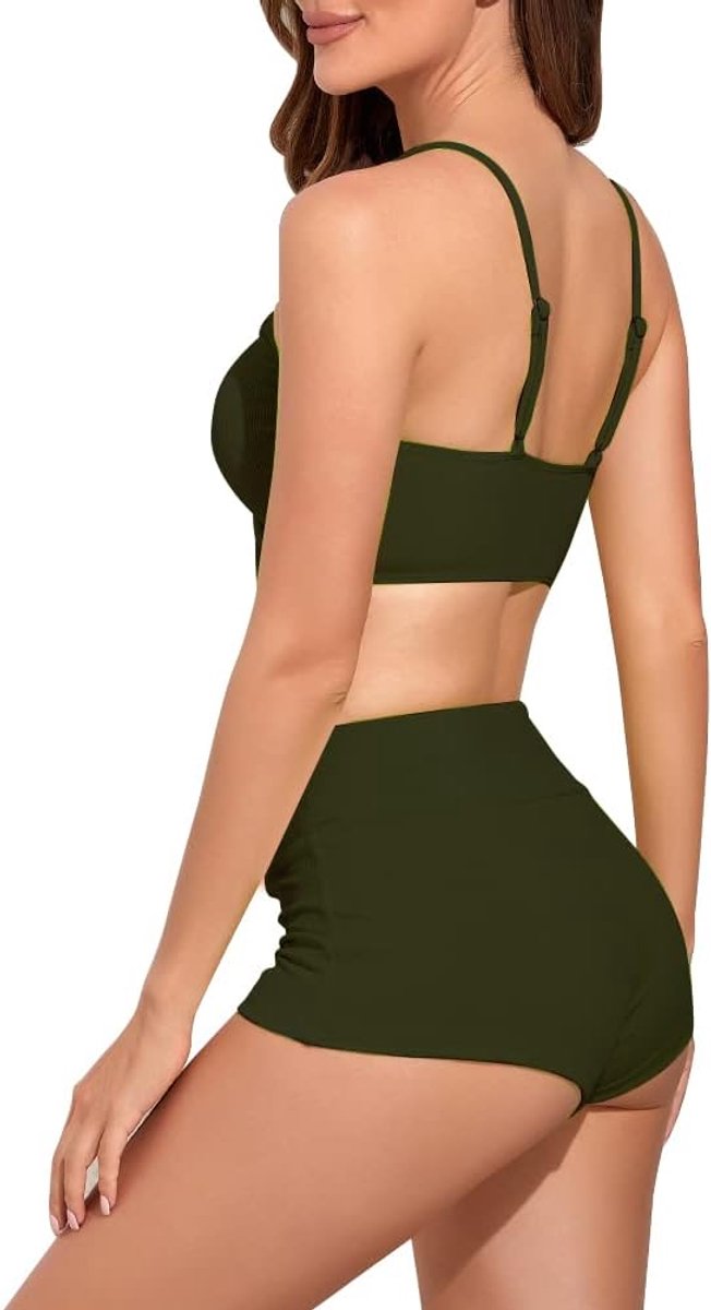 meioro Solid Zwempak voor Vrouwen Bikini Shorts Tie Front Tweedelige Zwemkleding Sportieve Zwempakken Hoge Taille Zwempak