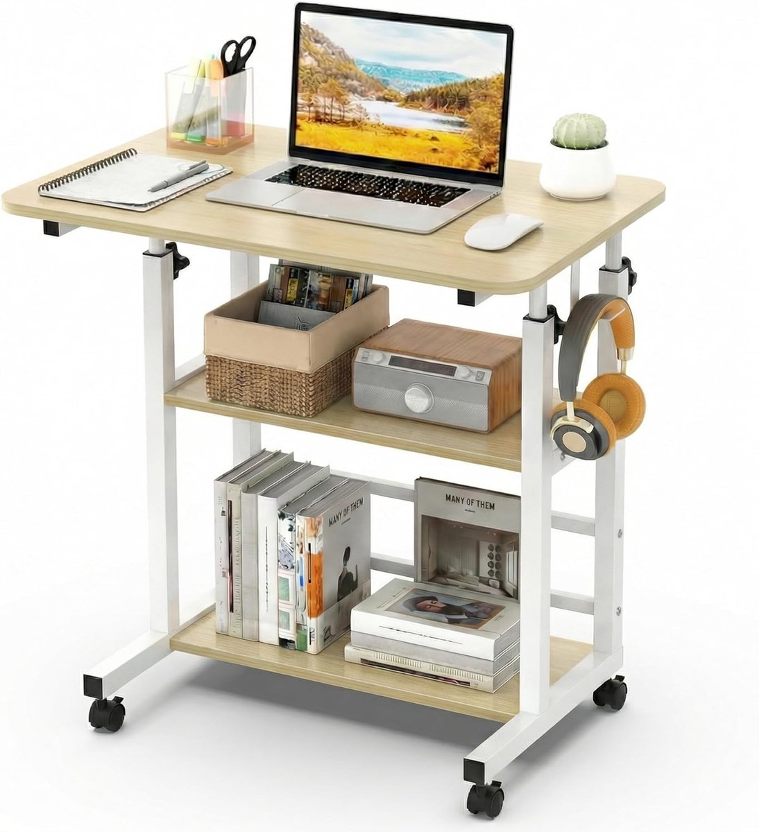 Roltafel in hoogte verstelbaar 56-82 cm, mobiel computerbureau 80 x 40 cm met 3 legplanken, 4 wielen met rem, computertafel voor woonkamer, kantoor, thuis, houteffect
