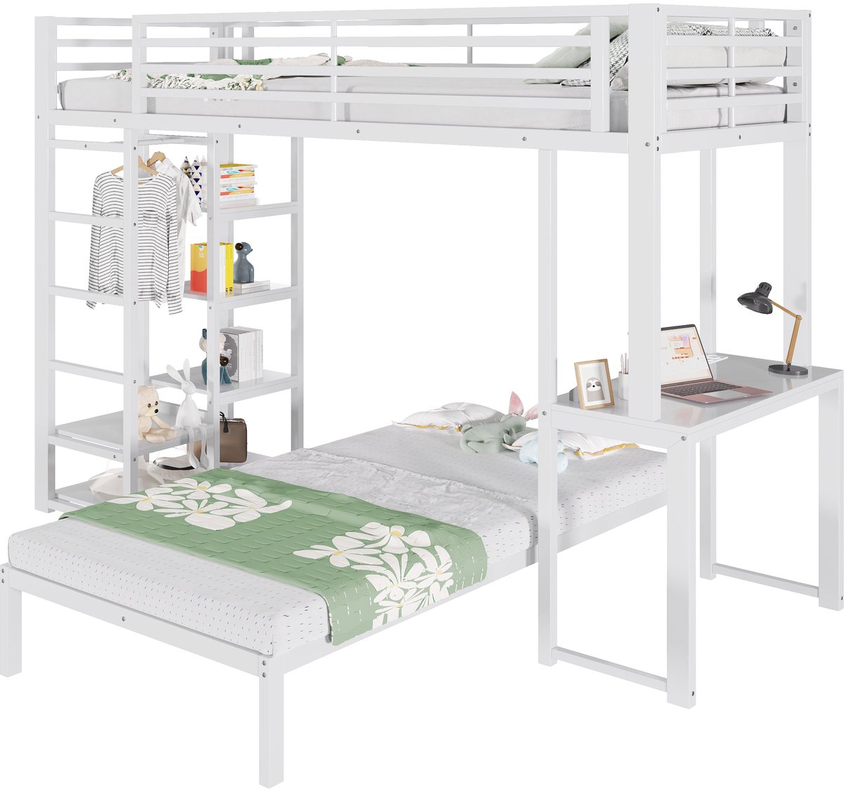 Merax Hoogslaper 90 x 200 cm - Twee Slaapplaatsen - Bureau - USB en Type-C Stopcontact - 4 Regalen - Kledingopslag - Wit