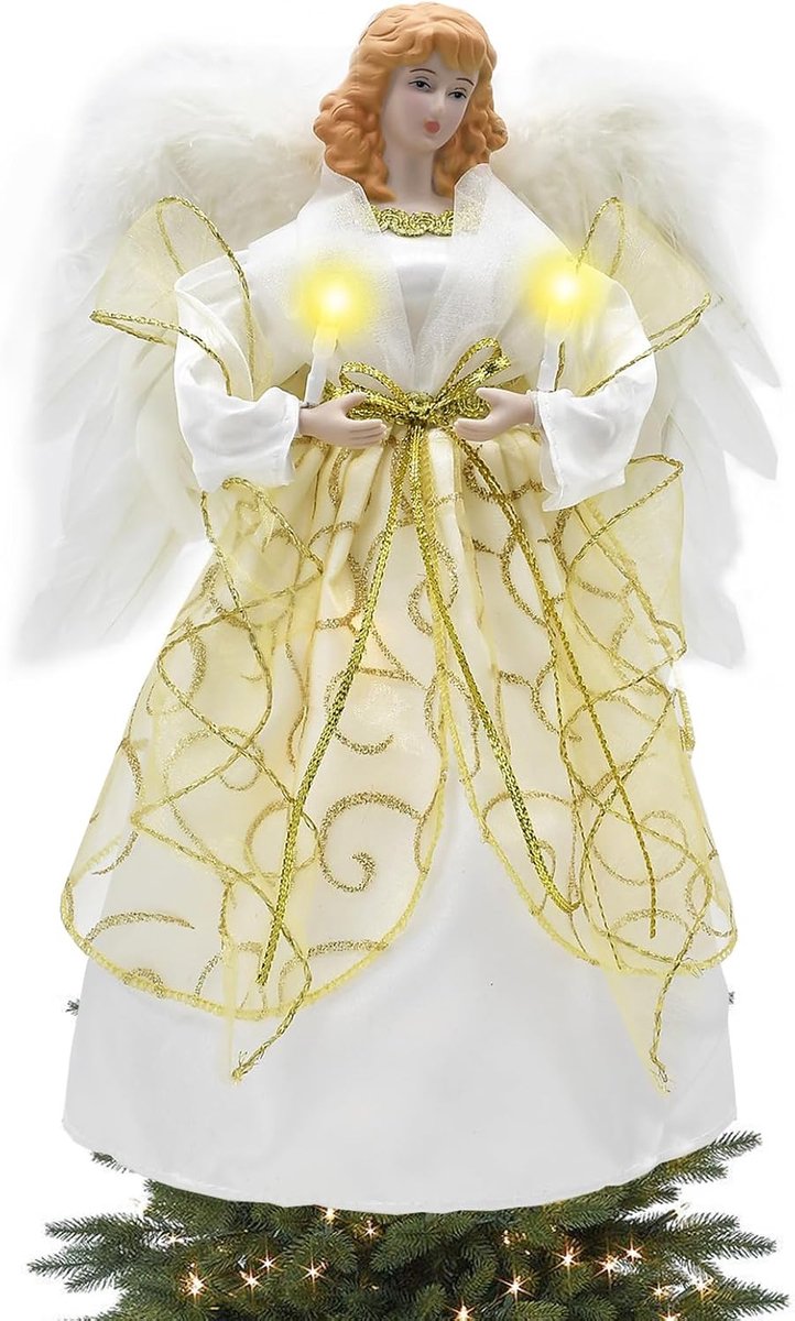 kerstboomtopper, glasvezel engel decoratie kerstboom top topper met veren vleugels, 32cm hoogte oplichtende kerst topper (wit-goud)