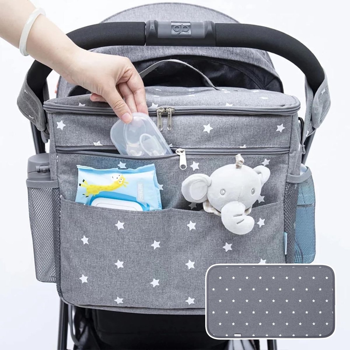 Groot Kinderwagen Organizer, Waterdichte 22l Baby Wandelwagen Tas met 2 Bekerhouders, Multifunctionele Luiertas met Verwijderbaar Tussenschot, Extra 2 Haken, en Aankleedkussen, Grijs