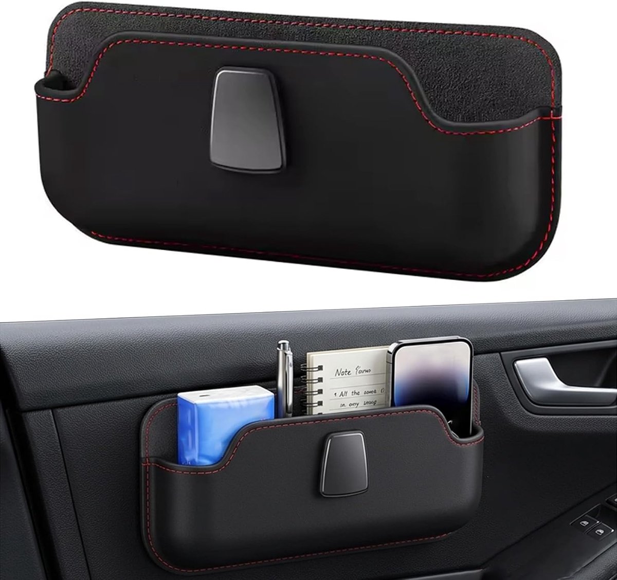Auto-organizer, auto-organizer voor binnen, met klittenband, auto-accessoires voor telefoon, bril, kaarten, autoorganizer voor stoel, zwart, 18,5 x 8,7 x 3 cm