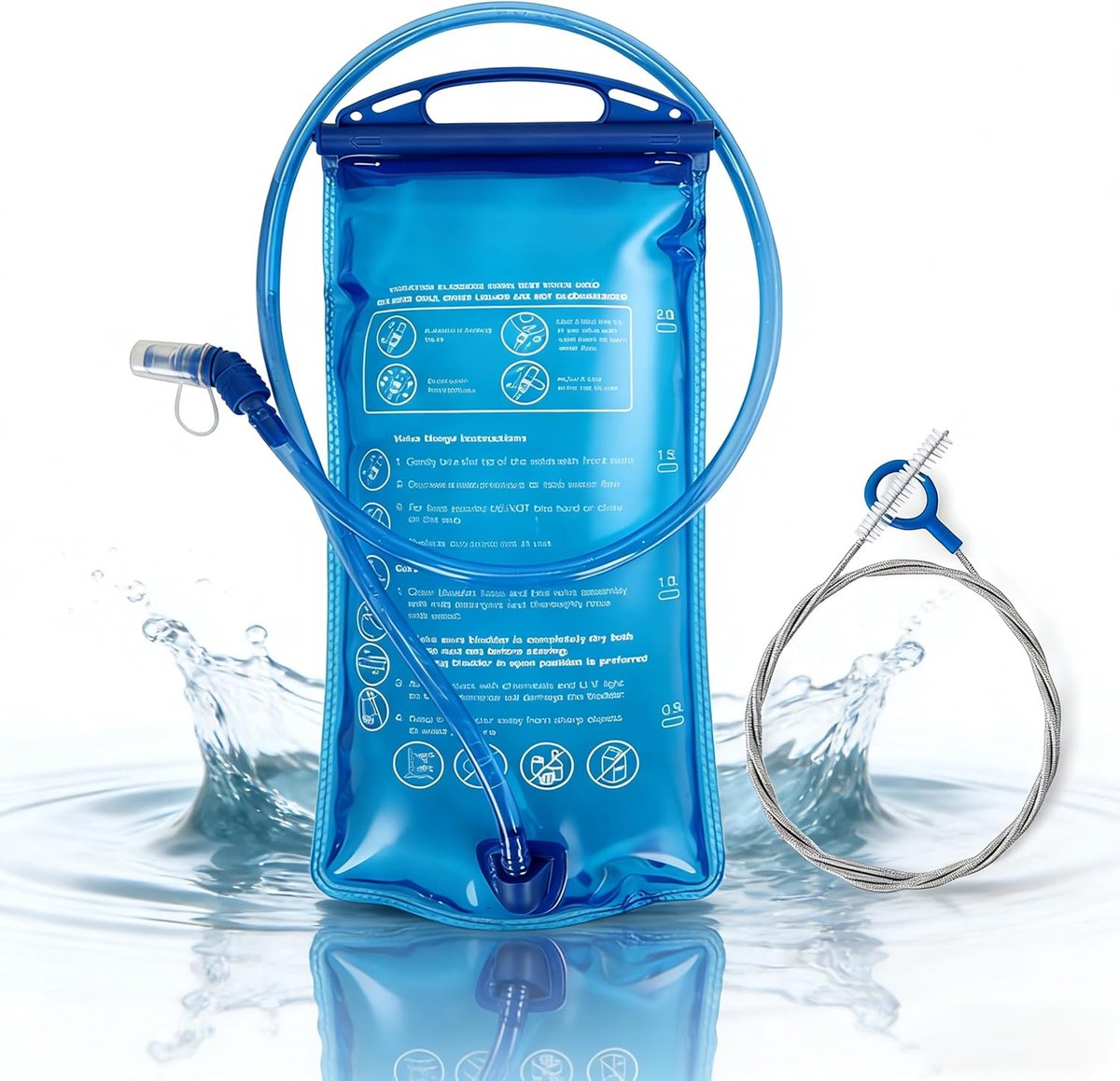 2 liter, outdoor, sport, waterzak voor rugzak, drinksysteem, BPA-vrij, waterzak, drinkzak met slang, waterreservoir voor wandelen, fietsen, met reinigingsborstel, blauw