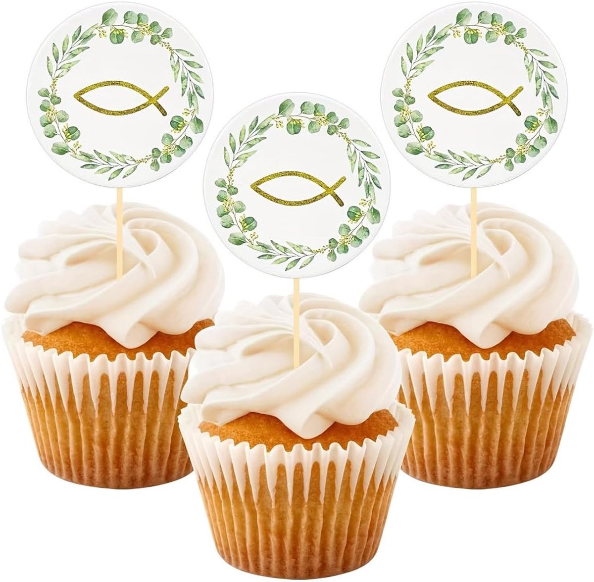 vormsel, 24 stuks, eucalyptusvis, cupcake-taartdecoratie, taartdecoratie, voor meisjes, gepersonaliseerd cadeau, muffindecoratie voor vormsel en doop, decoratie voor doop