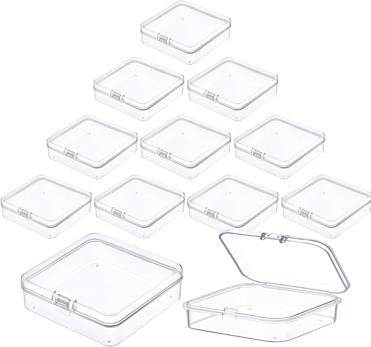 12 stuks Aufbewahrungsbox met deksel klein, 9,5 * 9,5 * 2,8 cm Kleine heldere plastic parelketting opbergdoos, Rechthoekige lege mini-opbergdoos voor knutselbenodigdheden