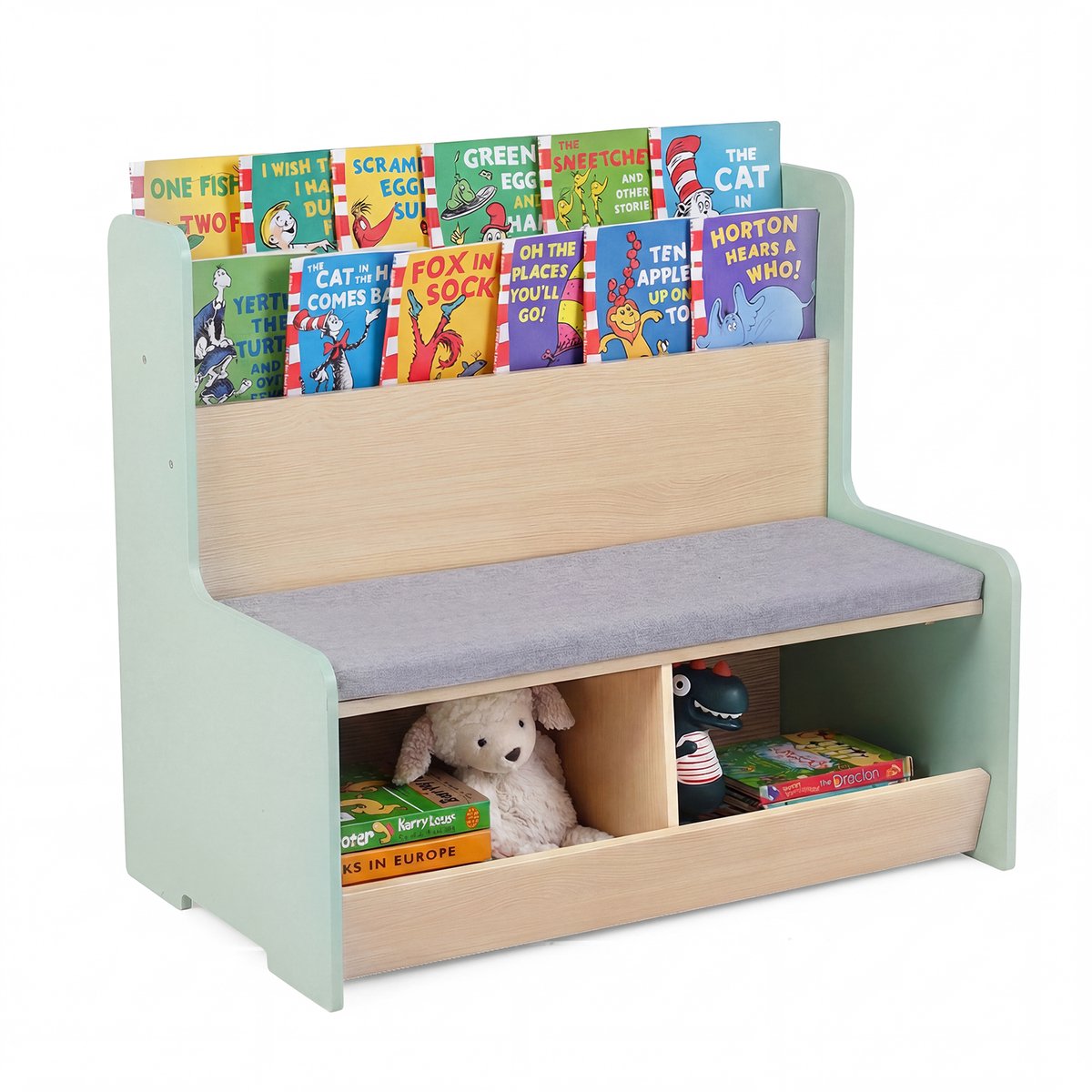 COSTWAY 3-in-1 Boekenplank Kinderen met Zitbank, Kinderplank met 2 Vakken & Gepolsterd Kussen, Kinderzitbank in Kikker-vorm, Houten Speelgoedplank voor Kinderkamer, Speelkamer (Groen)