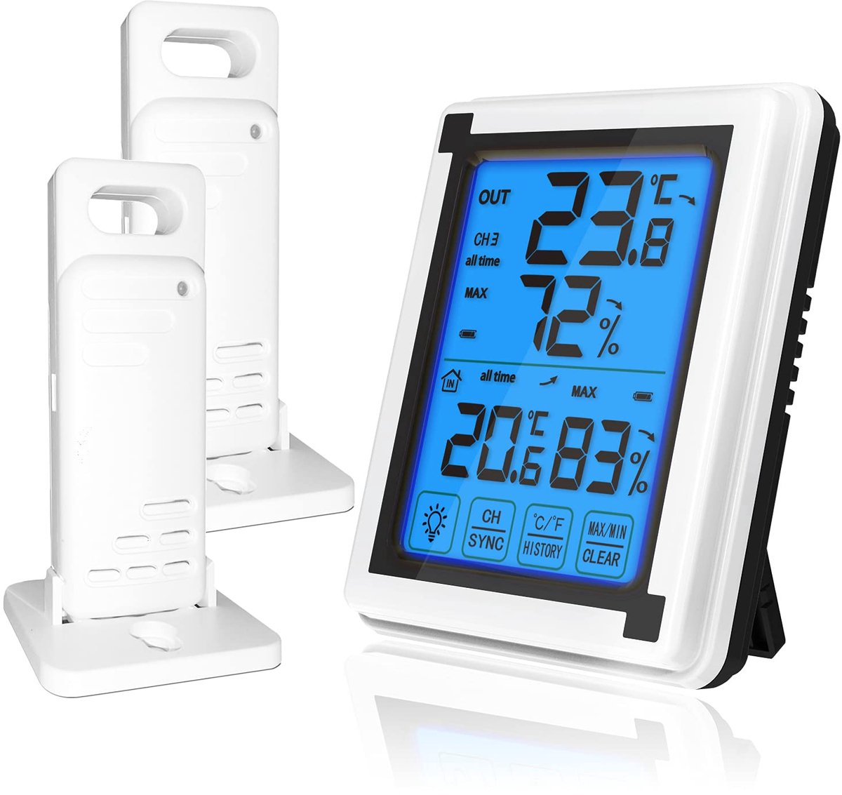 Digitale hygrometer, draadloze buitenthermometer, vochtigheidsmeter met 2 sensoren, hygrometer, kamerthermometer voor magazijn in kantoor thuis (2 sensoren)