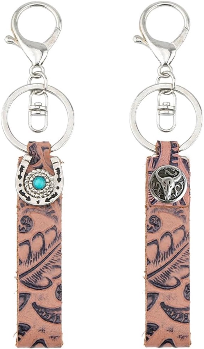 sleutelhanger van echt leer, turquoise, westernstijl, van koeienleer, vintage, reliëf, met karabijnsluiting, voor dames en heren