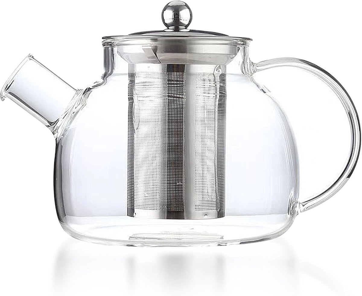 Theepot van 1000 ml, glazen theepot met zeef voor theebloemen, theerozen, losse thee en theezakjes