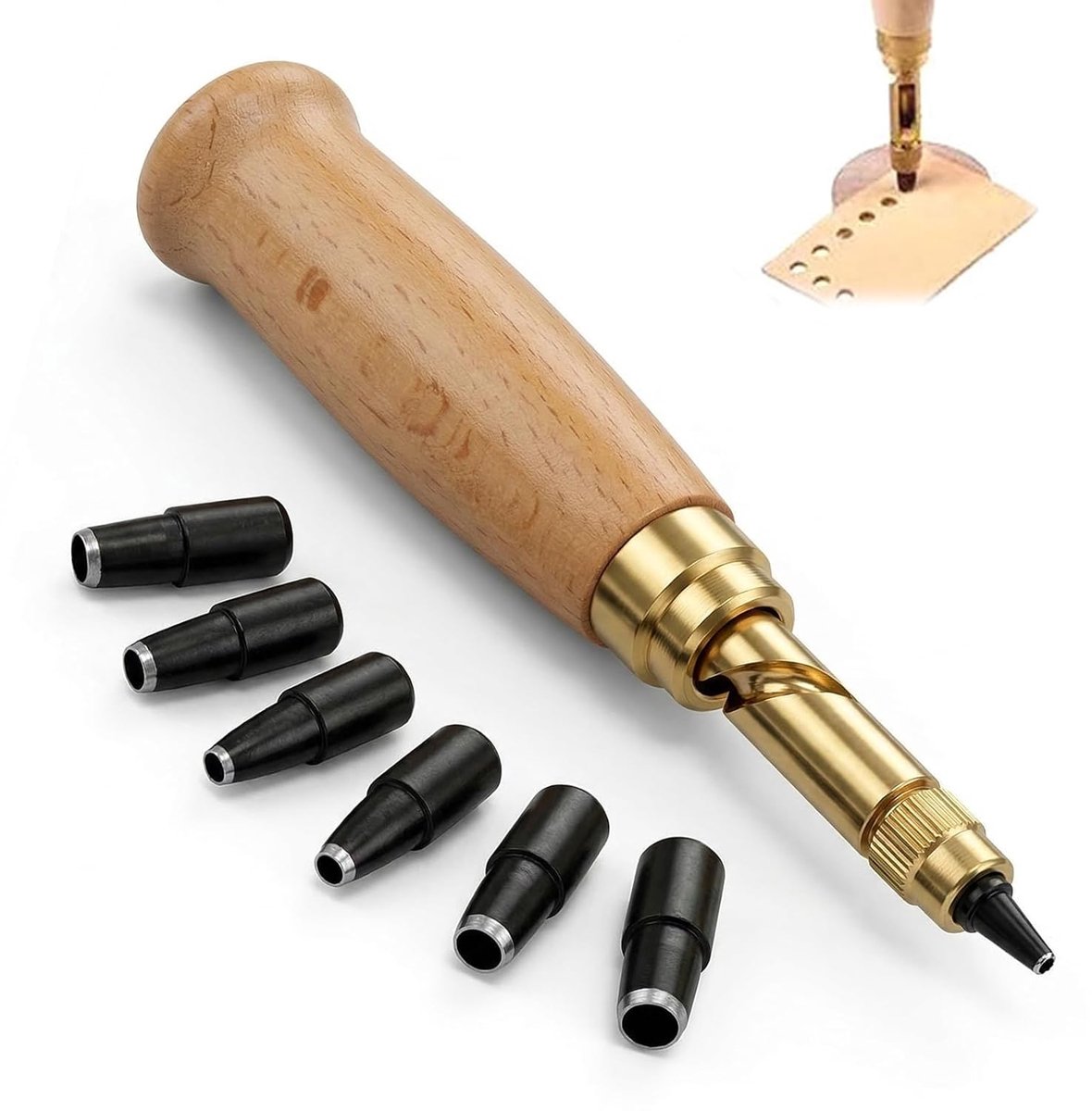 6-delige automatische perforatiepapier, gatpons, lederen perforator, 6 maten: 1,5 mm, 2 mm, 2,5 mm, 3 mm, 3,5 mm, 4 mm, houten handvat, perforator voor het naaien van leer, papierhandwerk, postzegels