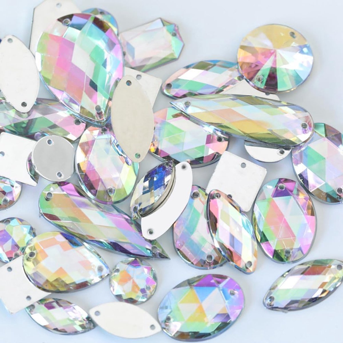 100 stuks glittersteentjes om aan te naaien, acrylstenen, strass-steentjes om met de hand te naaien, verschillende vormen, 4-30 mm, platte strassteentjes, voor doe-het-zelf handwerk