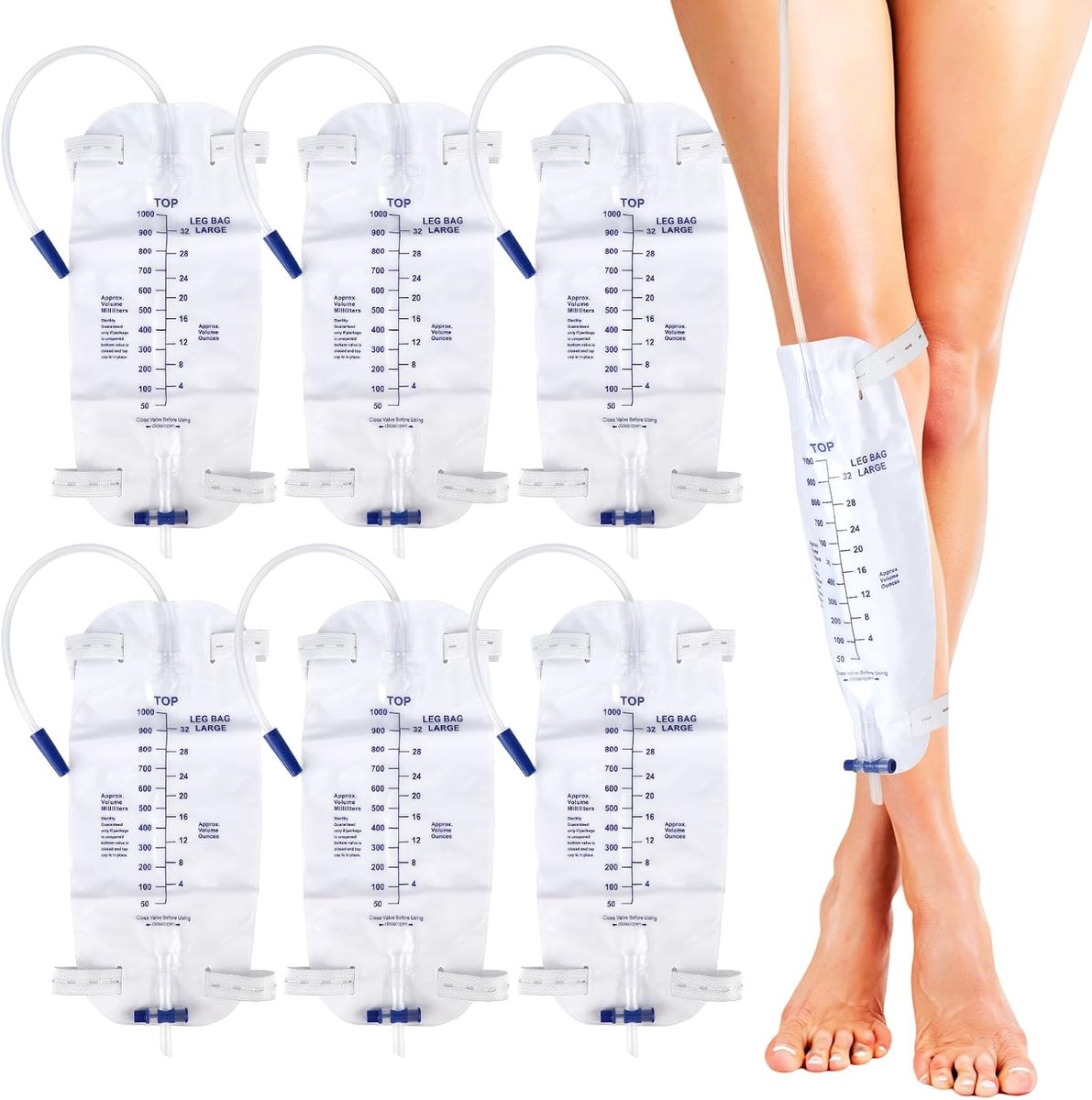 6 stuks 1000 ml urinezak, beenzak, katheterbeenzak met anti-reflux-film, urinevakzak met ventiel, T-afvoer en 2 stoffen banden, urinezak bij incontinentie, steriel verpakt
