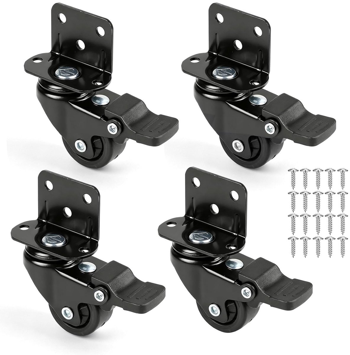 4 meubelwielen met rem, rubber, Ø 25 mm, zwenkwielen voor meubels, zware wielen met rem, capaciteit 30 kg, wielen voor kleine meubels, 25 mm zwenkwielen, zwart