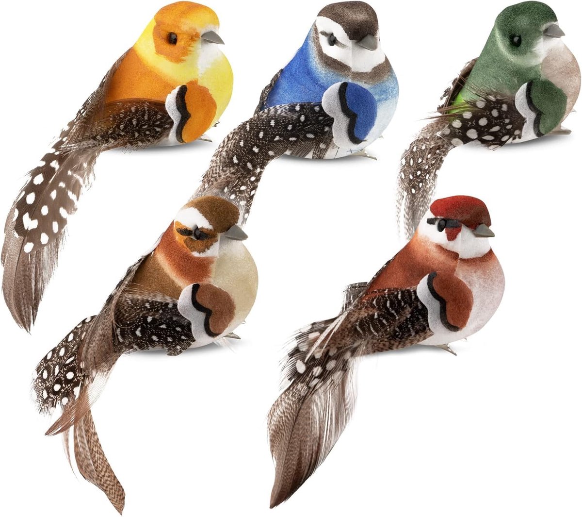 5 stuks decoratieve vogels met veer en clip vogeldecoratie | Realistisch gebruikt voor bruiloft, feest, Pasen, Kerstmis, verjaardag, feest, vergadering, diner decoratie