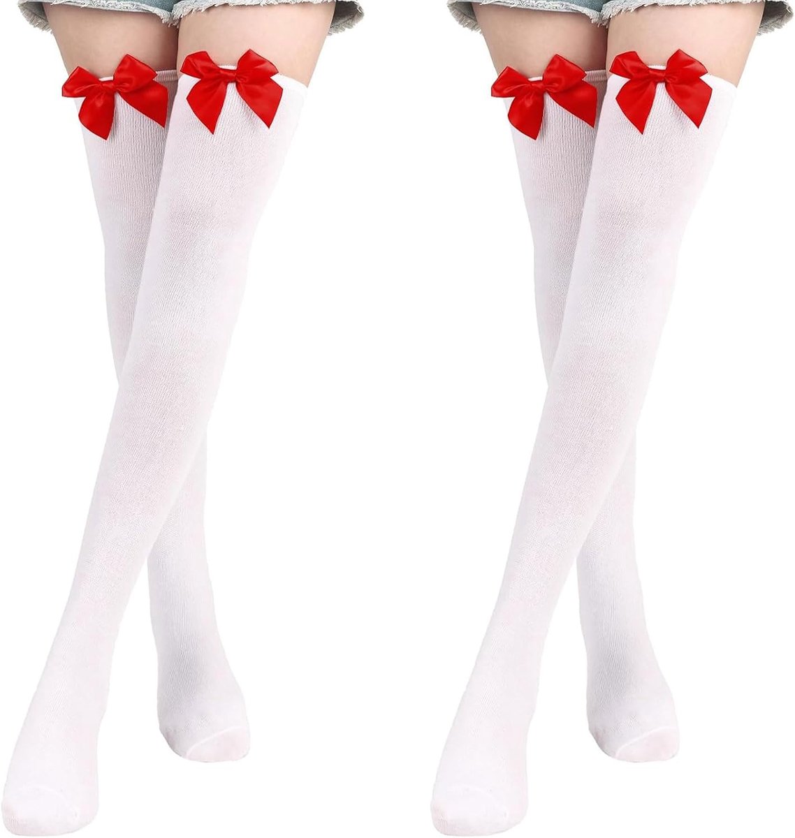 2 paar overknee-kousen met strik voor dames, rekbare hoge sokken, kniekousen voor Valentijnsdag, themafeest, carnaval, Kerstmis, wit, One size