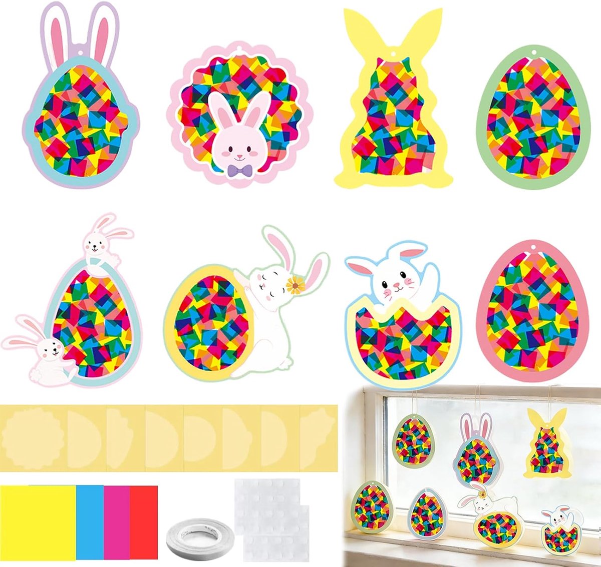 Knutselen voor kinderen, knutselen lente, raamafbeeldingen, paasdecoratie, lentedecoratie, raam voor Pasen, raamdecoratie met gekleurd glas-effect