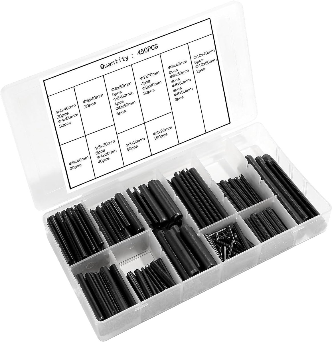 Veerpennen met sleuf, elastische pennen, zwart, Ø 2,0 - 10 mm, met kunststof doos, voor het bevestigen van onderdelen
