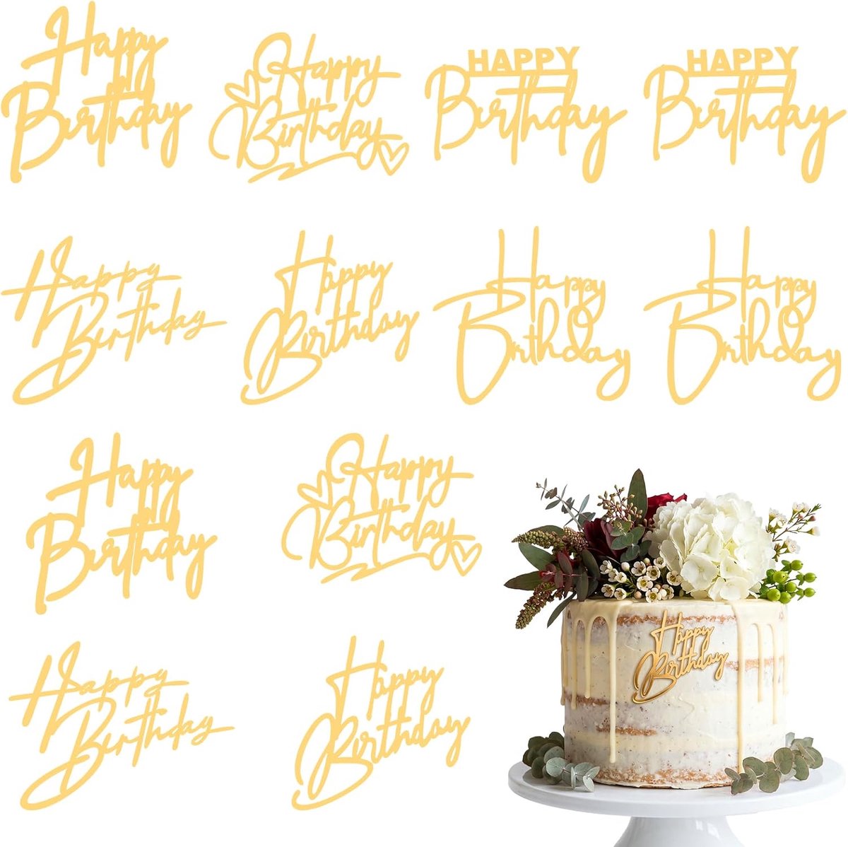 12 stuks gouden Happy Birthday taarttopper, acryl Happy Birthday Topper Cake teken cupcake toppers taarten decoraties voor doe-het-zelf taarten gereedschap verjaardagen feestbenodigdheden