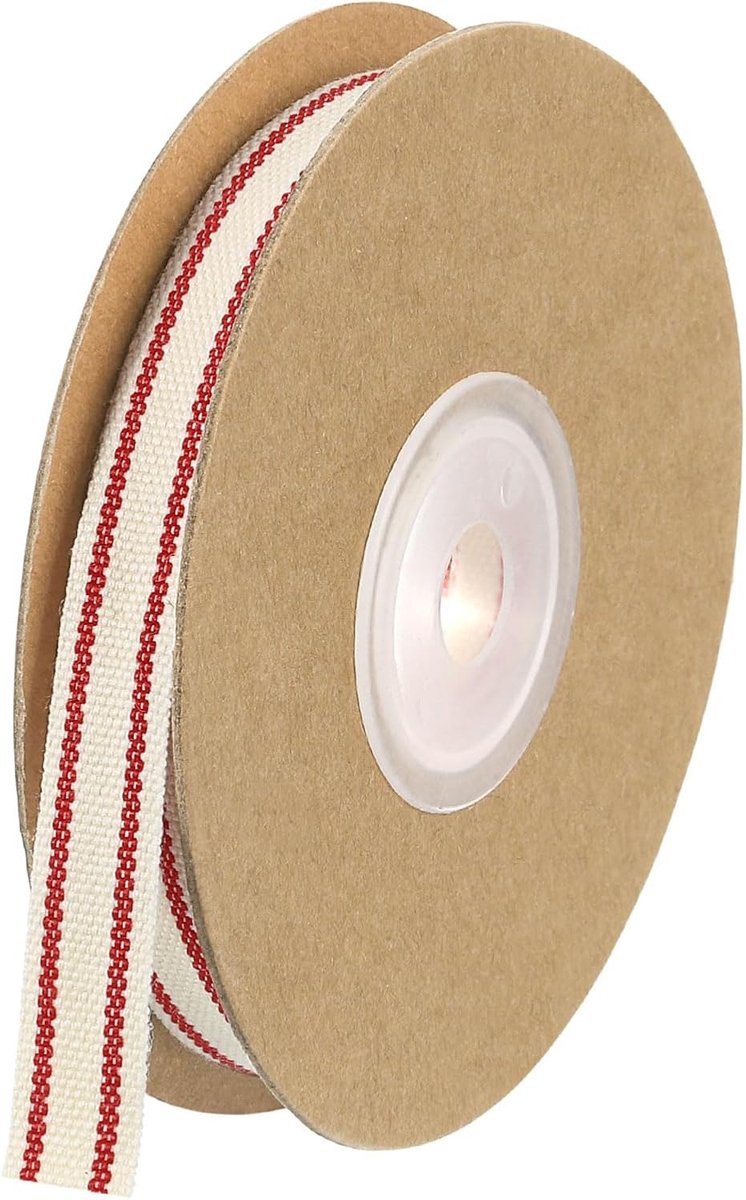 Natuurlijk katoenen lint met strepen, 1 cm x 9,1 m, natuurlijke rol, rood ripslint voor geschenken, doe-het-zelf verpakking, kunsthandwerk, strik, thuiscreatie