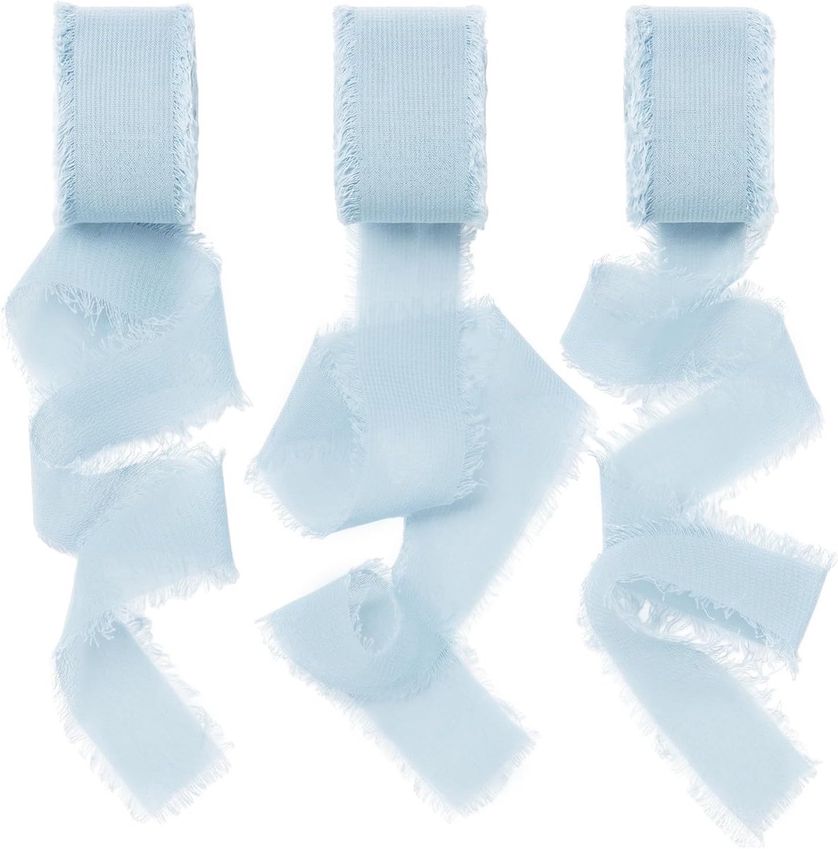 Lichtblauw zijden lint 2,5 cm x 20 m, linten, handgemaakte franjes (3 rollen x 7 m), stoffen lint met franjesrand voor huwelijksuitnodiging, boeket, geschenkverpakking, strikken maken, decoratie