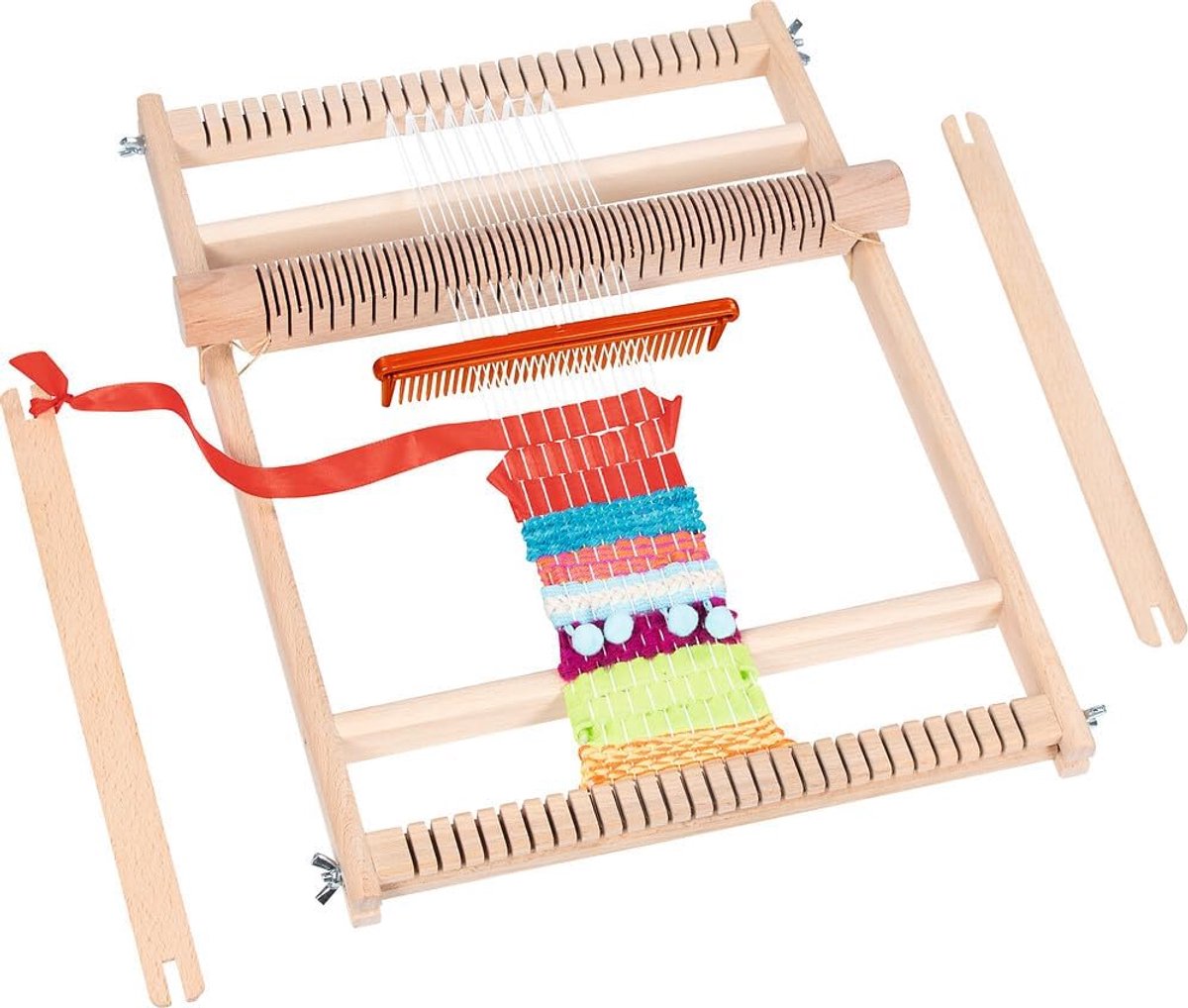 goki 58288 - schoolweeflijst 25 cm, groot houten weefframe met weven en 2 webschepen, gespannen en geweven, met stapsgewijze handleiding (mogelijk niet beschikbaar in het Nederlands)