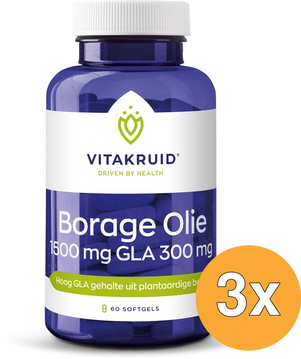 3x Vitakruid Borage Olie 1500mg GLA 300mg uit Plantaardige Bron (60 softgels)