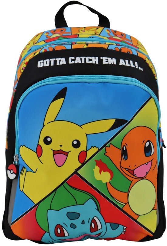Zwarte rugzak met Pikachu, Charmander en Bulbasaur en de tekst 'GOTTA CATCH 'EM ALL!'.
