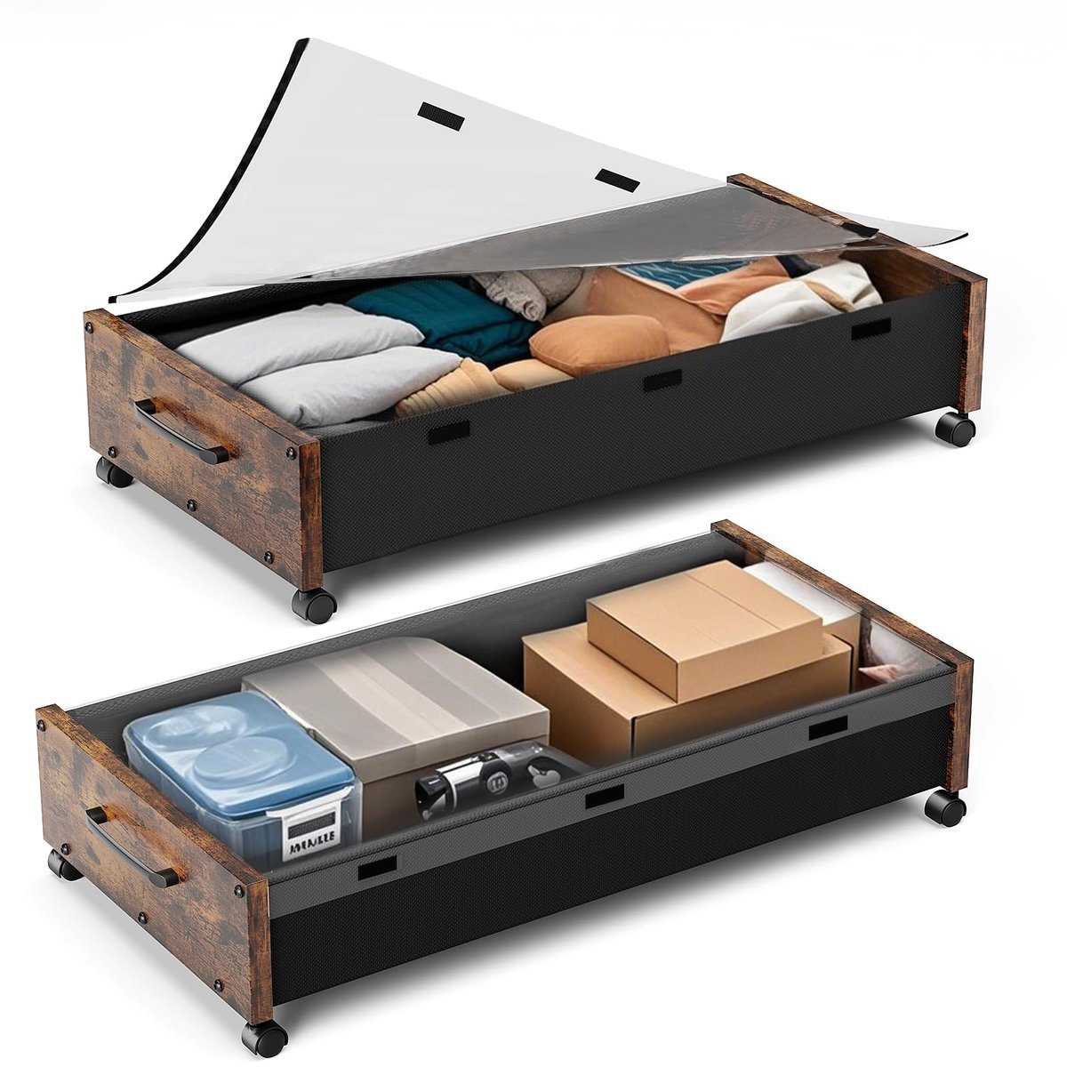 SnelShoppen - Houten Opbergruimte Onder Bed met Wielen - 80L - 2 Stuks Rollende Opbergbakken met Afneembaar Deksel - Ideaal voor Kleding en Schoenen