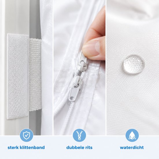 Kenmerken: sterk klittenband, dubbele rits, waterdicht.
