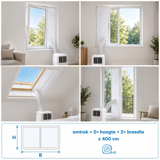Mobiele airco met raamafdichting in een open raam, schuifraam en dakraam. Omtrek tot 400 cm.